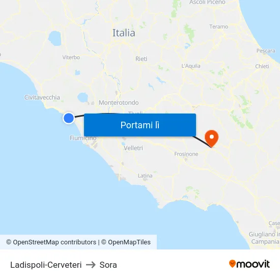 Ladispoli-Cerveteri to Sora map