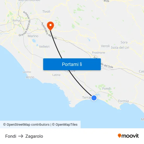 Fondi to Zagarolo map