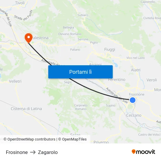 Frosinone to Zagarolo map