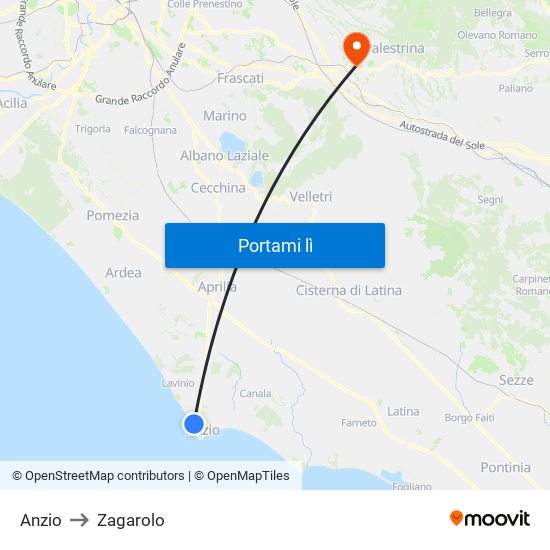 Anzio to Zagarolo map