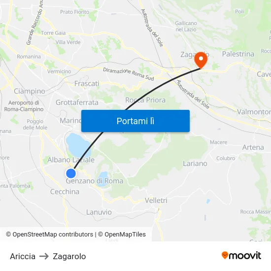 Ariccia to Zagarolo map