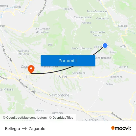 Bellegra to Zagarolo map