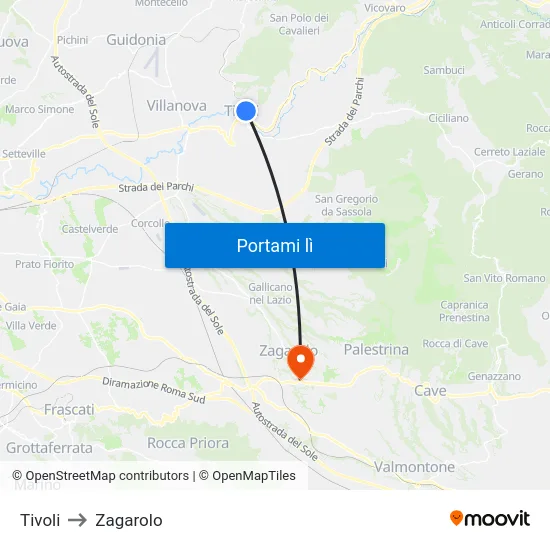 Tivoli to Zagarolo map