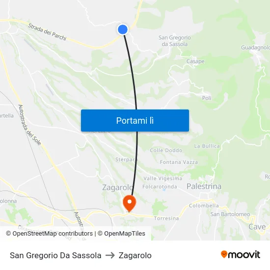 San Gregorio Da Sassola to Zagarolo map