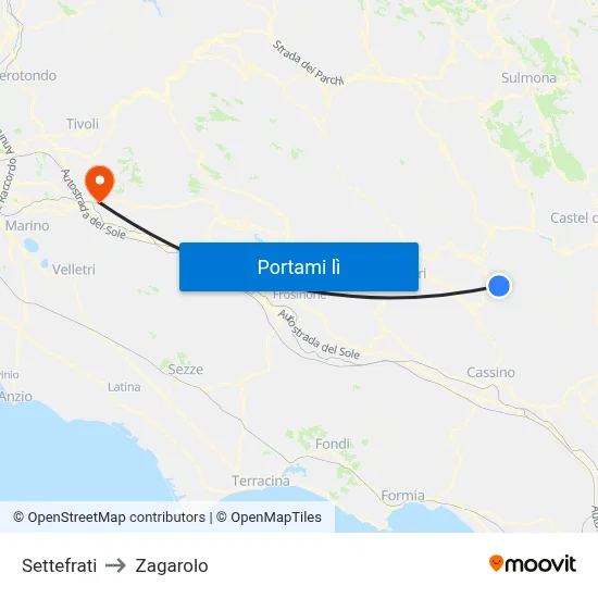 Settefrati to Zagarolo map