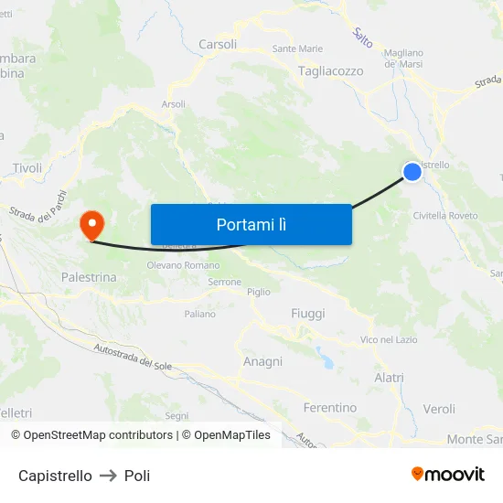 Capistrello to Poli map