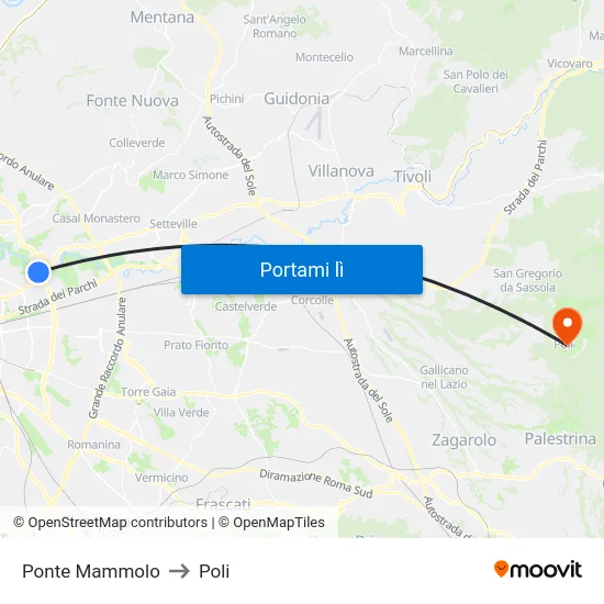 Ponte Mammolo to Poli map