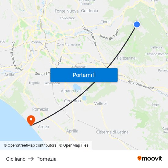 Ciciliano to Pomezia map