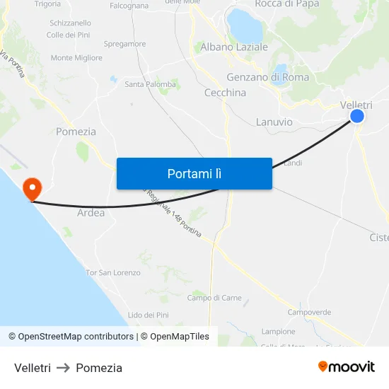 Velletri to Pomezia map