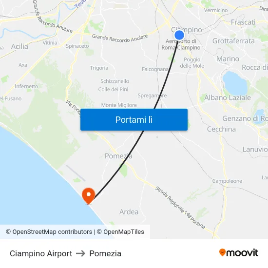 Ciampino Airport to Pomezia map