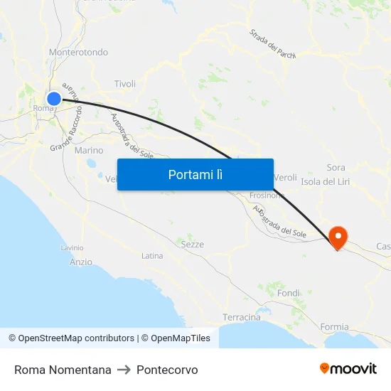 Roma Nomentana to Pontecorvo map