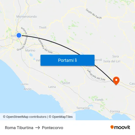 Roma Tiburtina to Pontecorvo map