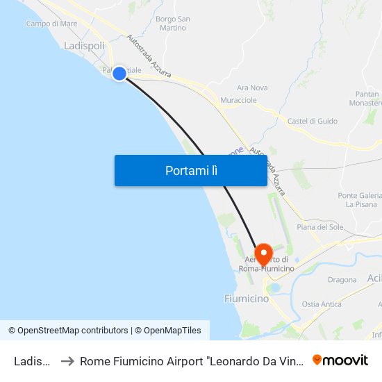 Ladispoli to Rome Fiumicino Airport "Leonardo Da Vinci" (Fco) map