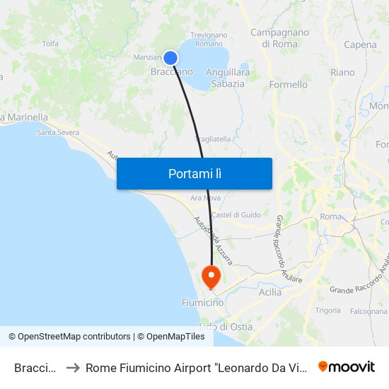 Bracciano to Rome Fiumicino Airport "Leonardo Da Vinci" (Fco) map