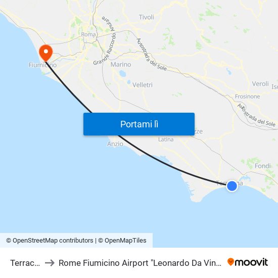 Terracina to Rome Fiumicino Airport "Leonardo Da Vinci" (Fco) map