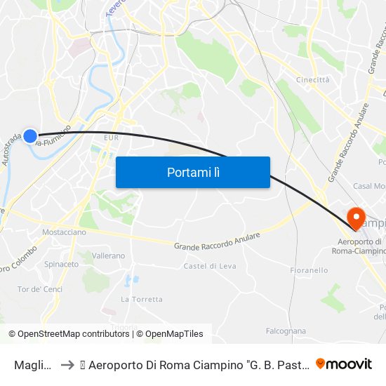 Magliana to ✈ Aeroporto Di Roma Ciampino "G. B. Pastine" (Cia) map