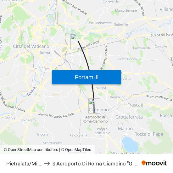 Pietralata/Michelotti to ✈ Aeroporto Di Roma Ciampino "G. B. Pastine" (Cia) map