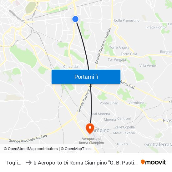 Togliatti to ✈ Aeroporto Di Roma Ciampino "G. B. Pastine" (Cia) map