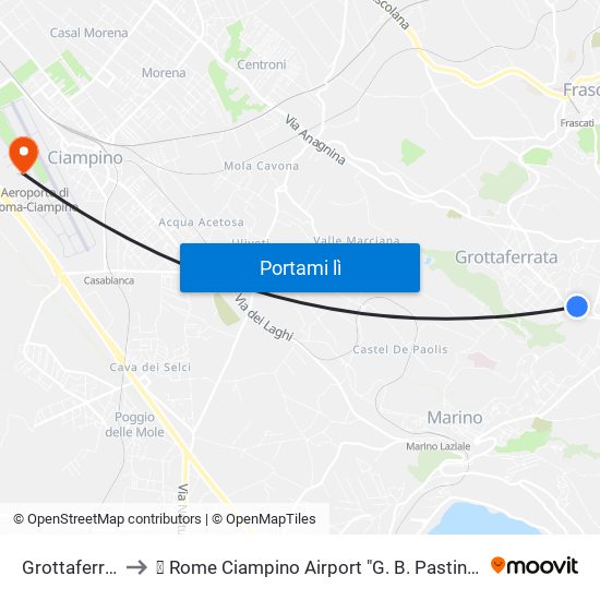 Grottaferrata to ✈ Rome Ciampino Airport "G. B. Pastine" (Cia) map