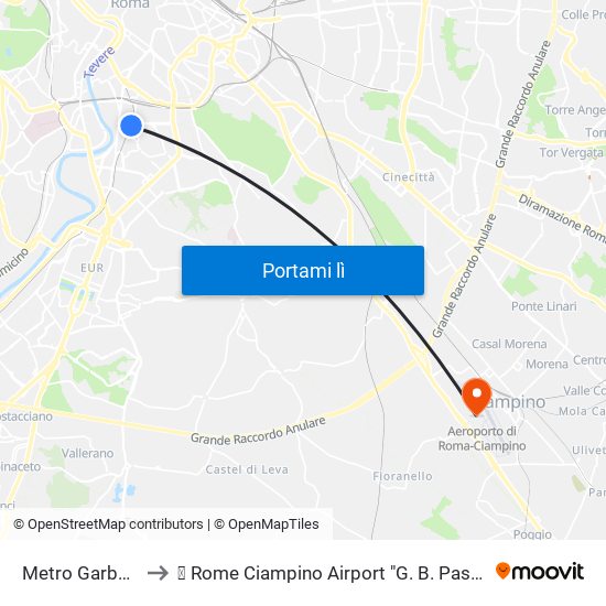 Metro Garbatella to ✈ Rome Ciampino Airport "G. B. Pastine" (Cia) map
