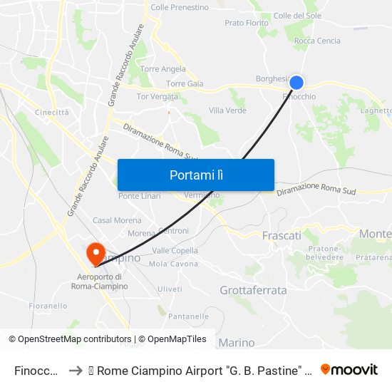 Finocchio to ✈ Rome Ciampino Airport "G. B. Pastine" (Cia) map