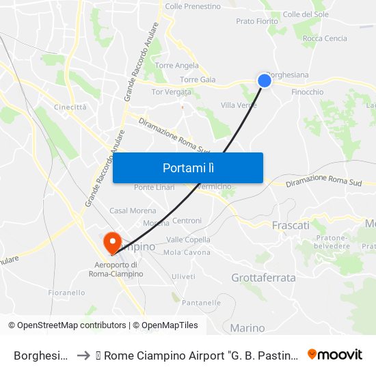 Borghesiana to ✈ Rome Ciampino Airport "G. B. Pastine" (Cia) map