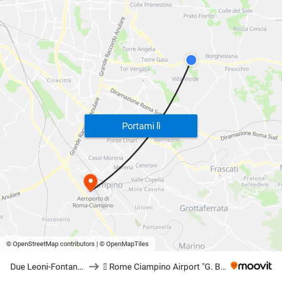 Due Leoni-Fontana Candida to ✈ Rome Ciampino Airport "G. B. Pastine" (Cia) map