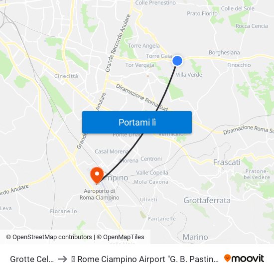Grotte Celoni to ✈ Rome Ciampino Airport "G. B. Pastine" (Cia) map