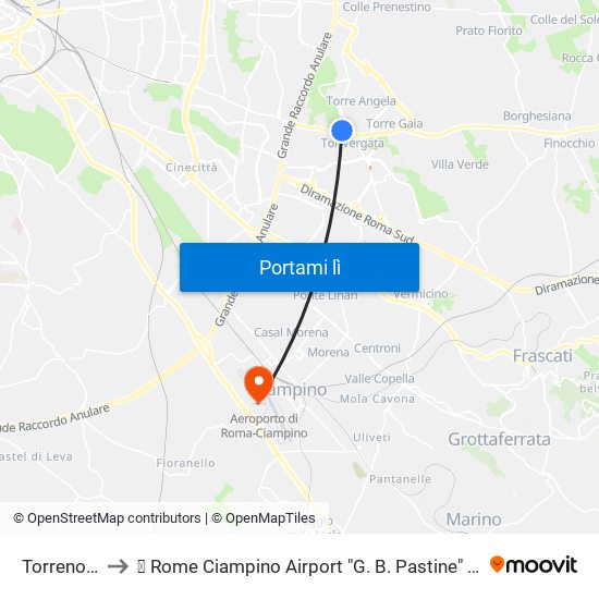 Torrenova to ✈ Rome Ciampino Airport "G. B. Pastine" (Cia) map