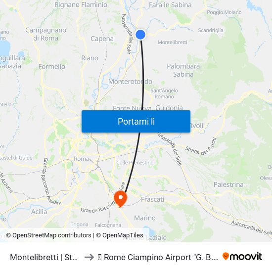 Montelibretti | Stazione FS to ✈ Rome Ciampino Airport "G. B. Pastine" (Cia) map