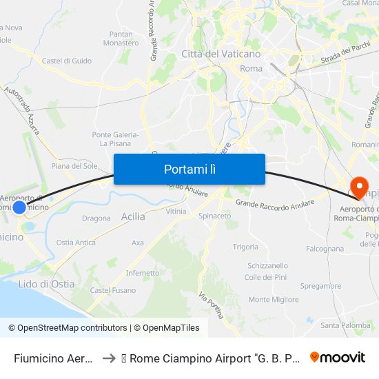 Fiumicino Aeroporto to ✈ Rome Ciampino Airport "G. B. Pastine" (Cia) map