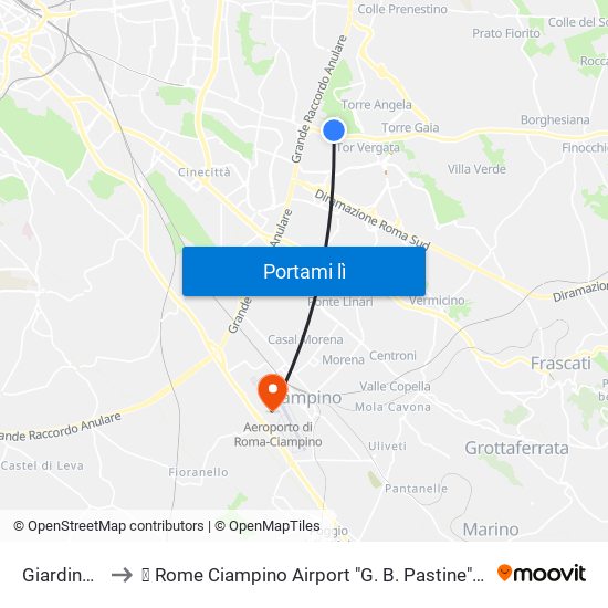 Giardinetti to ✈ Rome Ciampino Airport "G. B. Pastine" (Cia) map