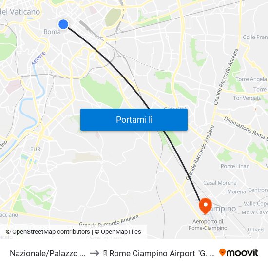Nazionale/Palazzo Esposizioni to ✈ Rome Ciampino Airport "G. B. Pastine" (Cia) map