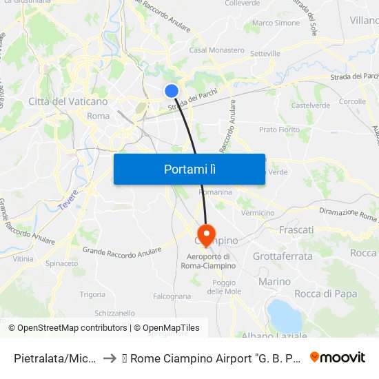 Pietralata/Michelotti to ✈ Rome Ciampino Airport "G. B. Pastine" (Cia) map