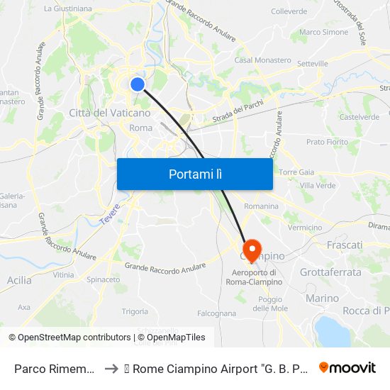 Parco Rimembranza to ✈ Rome Ciampino Airport "G. B. Pastine" (Cia) map