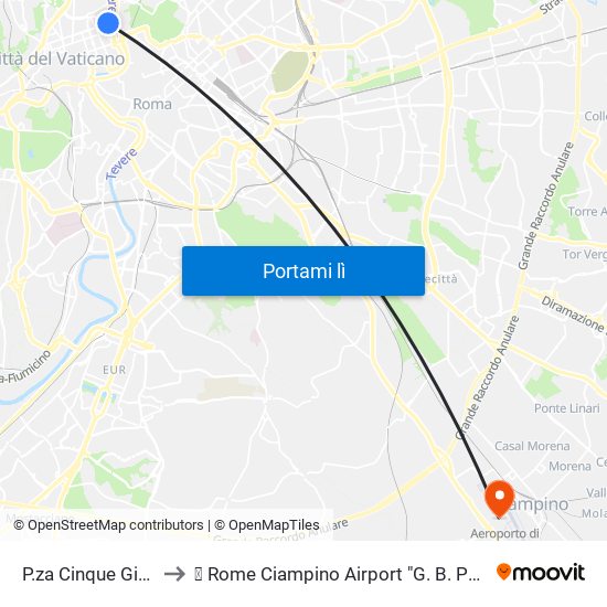 P.za Cinque Giornate to ✈ Rome Ciampino Airport "G. B. Pastine" (Cia) map