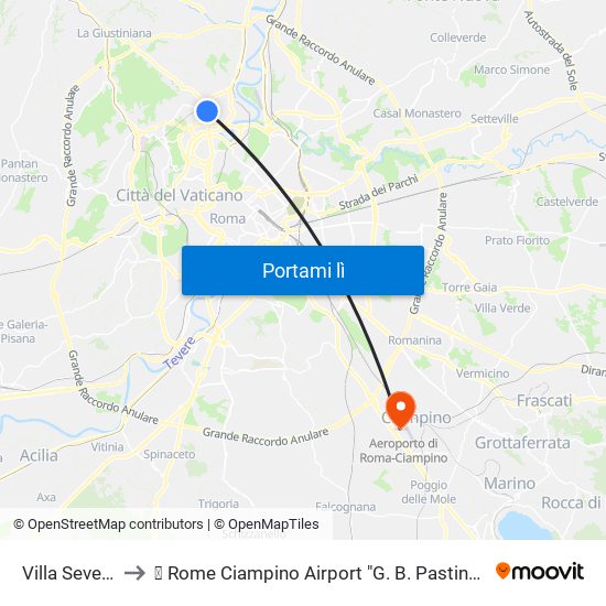 Villa Severini to ✈ Rome Ciampino Airport "G. B. Pastine" (Cia) map