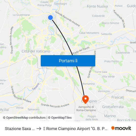 Stazione Saxa Rubra to ✈ Rome Ciampino Airport "G. B. Pastine" (Cia) map