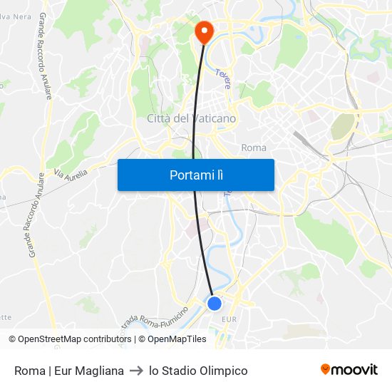 Roma | Eur Magliana to lo Stadio Olimpico map