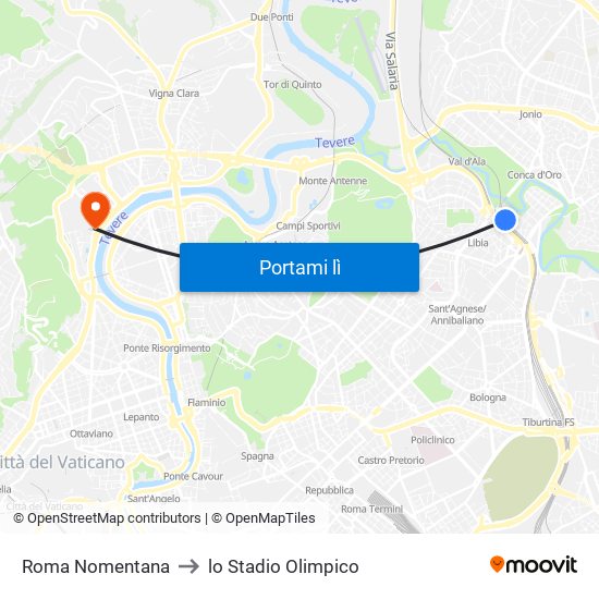 Roma Nomentana to lo Stadio Olimpico map