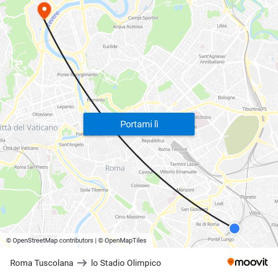 Roma Tuscolana to lo Stadio Olimpico map