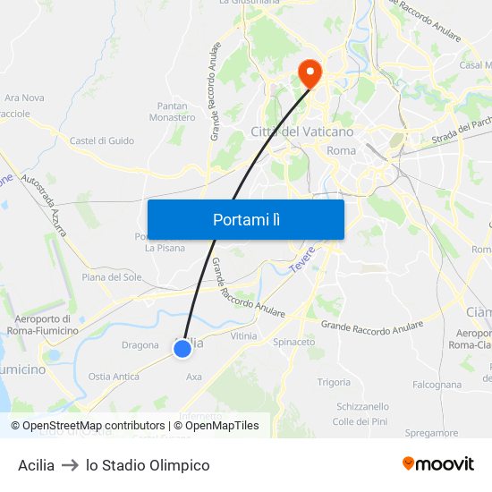 Acilia to lo Stadio Olimpico map