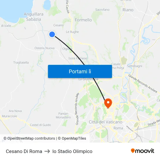 Cesano Di Roma to lo Stadio Olimpico map