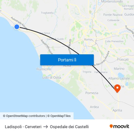 Ladispoli - Cerveteri to Ospedale dei Castelli map