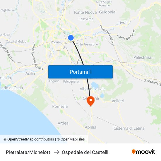 Pietralata/Michelotti to Ospedale dei Castelli map