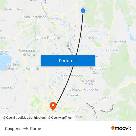 Casperia to Rome map