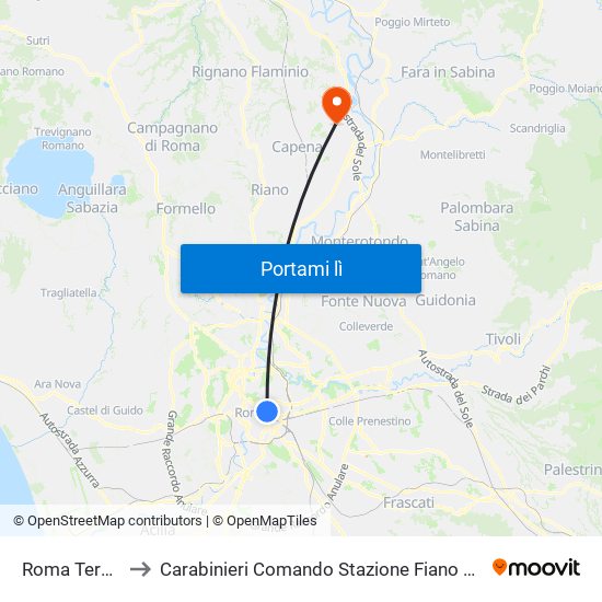 Roma Termini to Carabinieri Comando Stazione Fiano Romano map