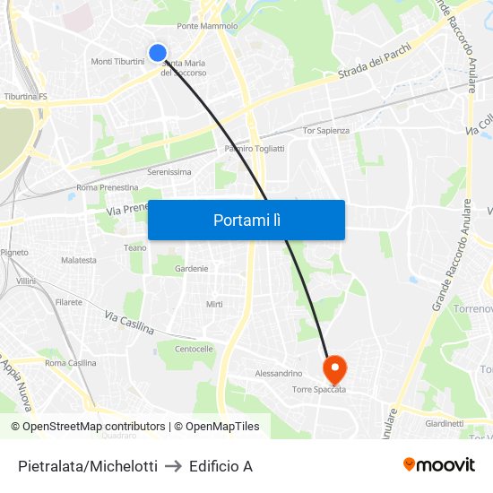 Pietralata/Michelotti to Edificio A map