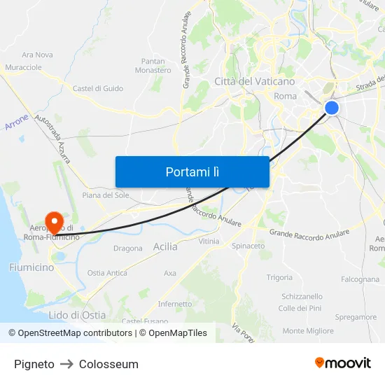 Pigneto to Colosseum map