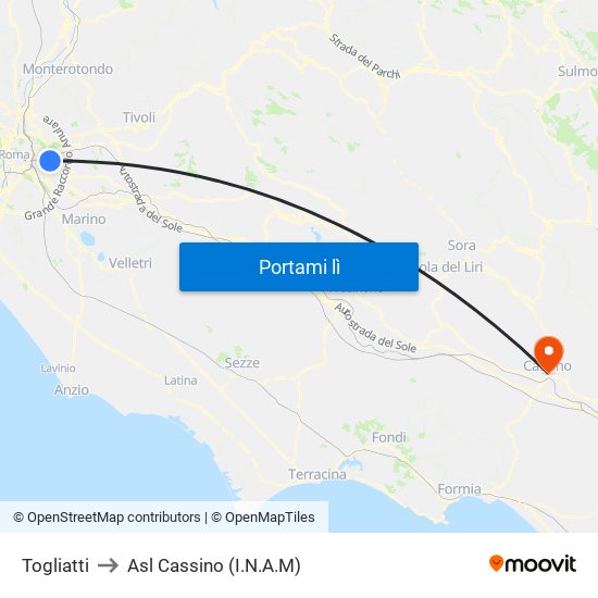 Togliatti to Asl Cassino (I.N.A.M) map